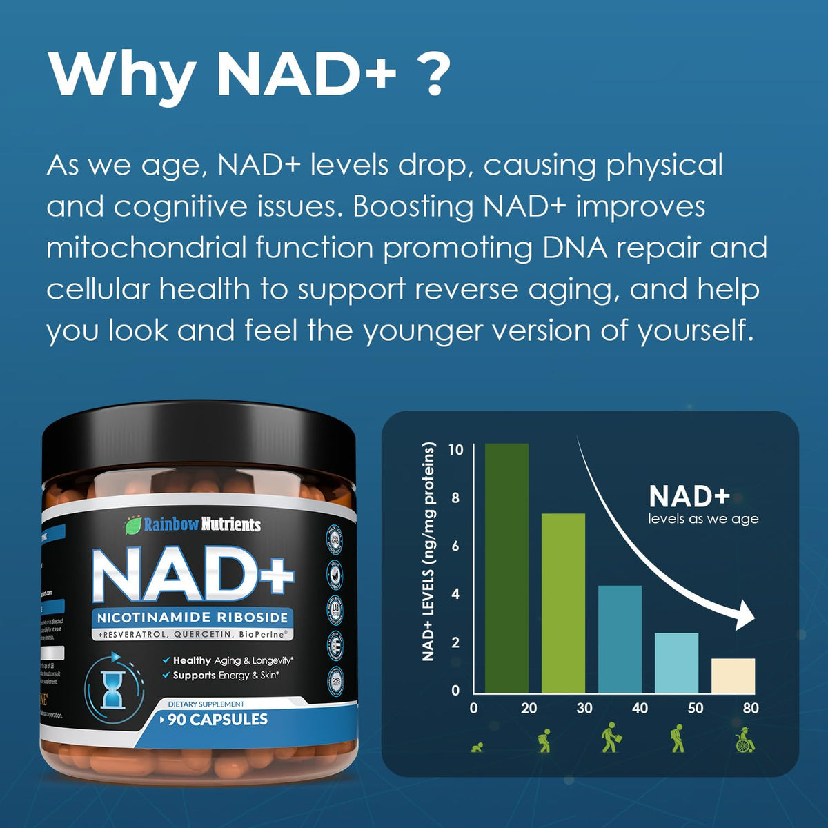 2010 MG NAD+ Supplement- Nicotinamide Riboside, Resveratrol, Quercetin & BioPerine® (High Absorption)- Natural NAD Booster for Anti-Aging, Cellular Energy, Skin- For Women & Men- 90 V Capsules Rainbow Nutrients, LLCBuy Supplements Australia