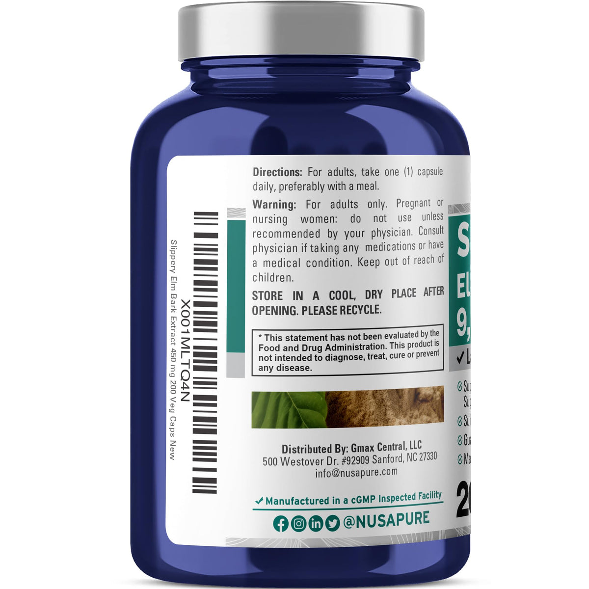 NusaPure Slippery Elm Bark 20:1 Extract, 450 mg Equivalent to 9,000mg 200 Veggie Capsules (Non-GMO, Vegan) NusaPureBuy Supplements Australia