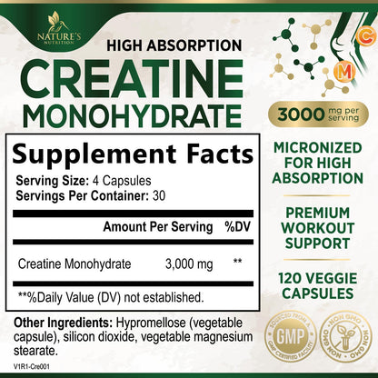 Creatine Monohydrate Capsules 3000mg Per Serving – Micronized Creatine Powder - Supports Lean Muscle, Strength, Energy, & Endurance - Nature's Supplement, Non-GMO, Bottled in USA - 120 Capsules Nature's NutritionBuy Supplements Australia