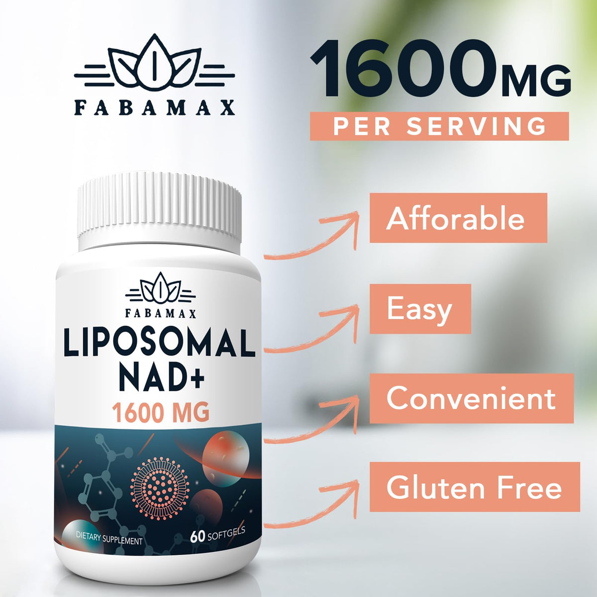 Fabamax 1600 mg Liposomal NAD Supplement, 98% Pure NAD+ Supplement, Superior Absorption, Alternative to Nicotinamide Riboside or NADH to Boost NAD+ for Aging Defense, Energy, Longevity, 120 Softgels FabamaxBuy Supplements Australia
