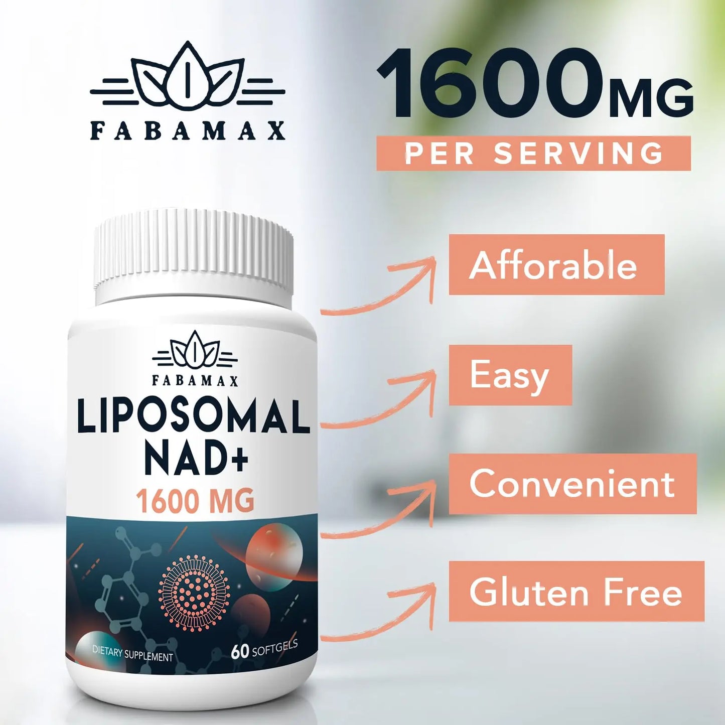 Fabamax 1600 mg Liposomal NAD Supplement, 98% Pure NAD+ Supplement, Superior Absorption, Alternative to Nicotinamide Riboside or NADH to Boost NAD+ for Aging Defense, Energy, Longevity,60 Softgels FabamaxBuy Supplements Australia