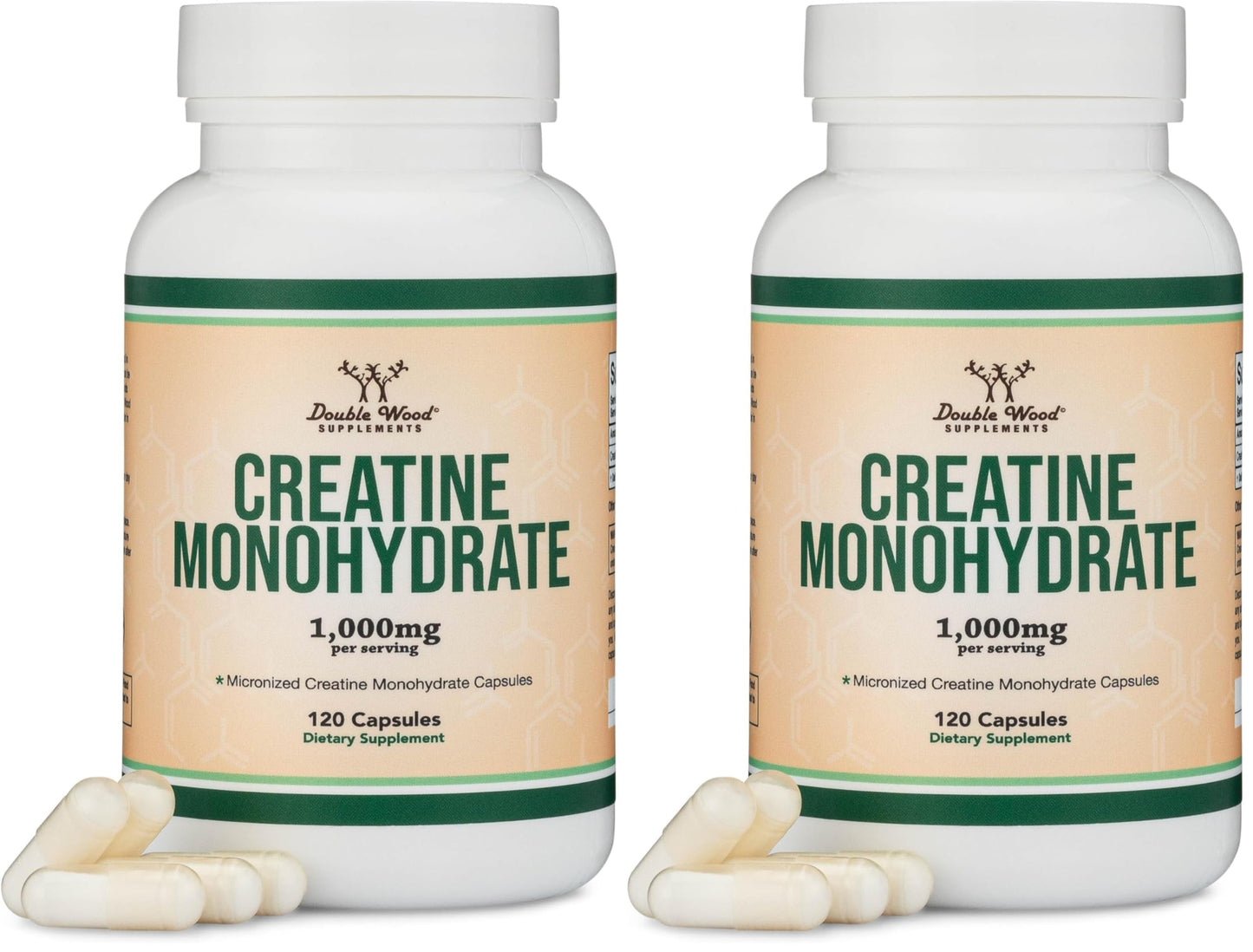 Creatine Monohydrate Capsules - 1g per Serving, 120 Count - No Fillers, Vegan Safe, Non-GMO, Gluten Free by Double Wood (Pack of 2)