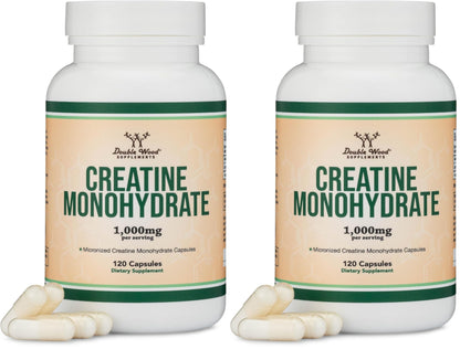 Creatine Monohydrate Capsules - 1g per Serving, 120 Count - No Fillers, Vegan Safe, Non-GMO, Gluten Free by Double Wood (Pack of 2)