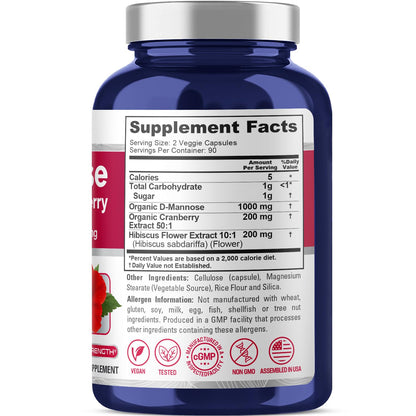 NusaPure D-Mannose Complex 1400 mg (with Hibiscus and Cranberry) - 180 Veggie Caps Non-GMO & Vegan NusaPureBuy Supplements Australia