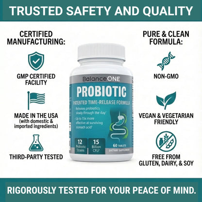Balance ONE Time Release Probiotic – 15 Billion CFU – 12 Strains Including L. Plantarum – 15x More Survival Than Capsules – Bloating & Gas Relief – Gut & Digestive Health for Women & Men – 60 Tablets Balance ONEBuy Supplements Australia