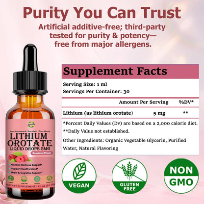 Pure Lithium Orotate Liquid Drops 5mg, Low Dose Lithium Brain Supplement for Cognitive Memory Mood Behavior, High Bioavailability Liquid Lithium-Orotate Drops for Kids Adults Vegan Non-GMO JUIWEFKKBuy Supplements Australia