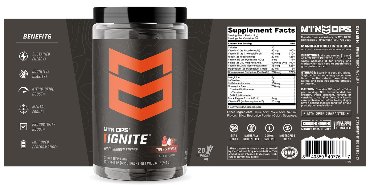 MTN OPS Ignite Trail Packs Energy Drink Powder, Gluten Free Nootropic Supplement Drink Mix, L Arginine, L Citrulline, Caffeine & Nootropic Sugar Free Drink Mix, 20 Servings, Tiger's Blood MTN OPSBuy Supplements Australia