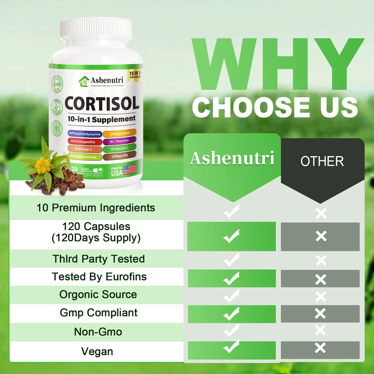 Ashenutri 10-in-1 Cortisol Supplement with Magnesium,Ashwagandha,Rhodiola Rosea,L Theanine,Hormone Balance for Women 120 Vegan Capsules AshenutriBuy Supplements Australia