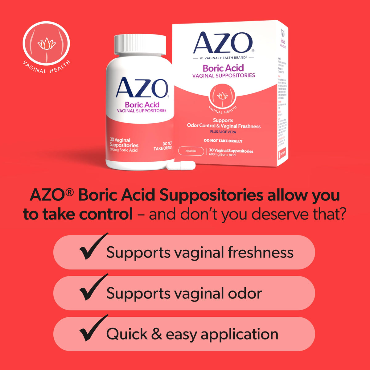 AZO® Boric Acid Vaginal Suppositories for Women, Helps Support Odor Control with Clinically Studied Boric Acid, Non-GMO, 30 Count AZOBuy Supplements Australia