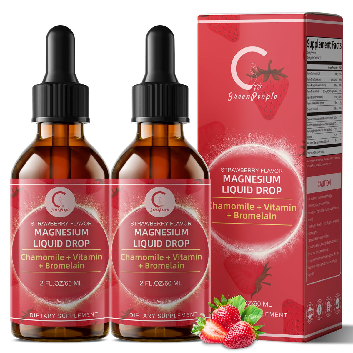 (2 Pack) Magnesium Glycinate Liquid with Chamomile, Hawthorn & Ginger for Stress Relief and Digestive Comfort, Fast Absorption, Non-GMO, Vegan Formula, Sugar Free, Strawberry Flavor, 4 Fl OZ GPGP GreenPeopleBuy Supplements Australia