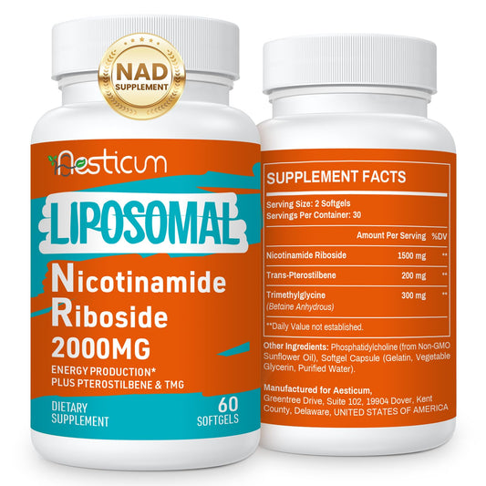 Aesticum 2000 MG Nicotinamide Riboside, NMNH Supplement Alternative, Liposomal Nicotinamide Riboside Supplement with TMG & Pterostilbene - NAD*, Energy, Focus, Immunity, Age Resist - 120 Softgels AesticumBuy Supplements Australia