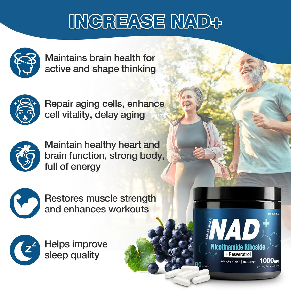 NAD+ Supplement 1000mg - Nicotinamide Riboside (NR) and Resveratrol, Liposomal NAD of Pure Organic Ingredients for Women & Men Healthy Aging, Brain and Cellular Energy, 80 Capsules TOPCAPAKBuy Supplements Australia