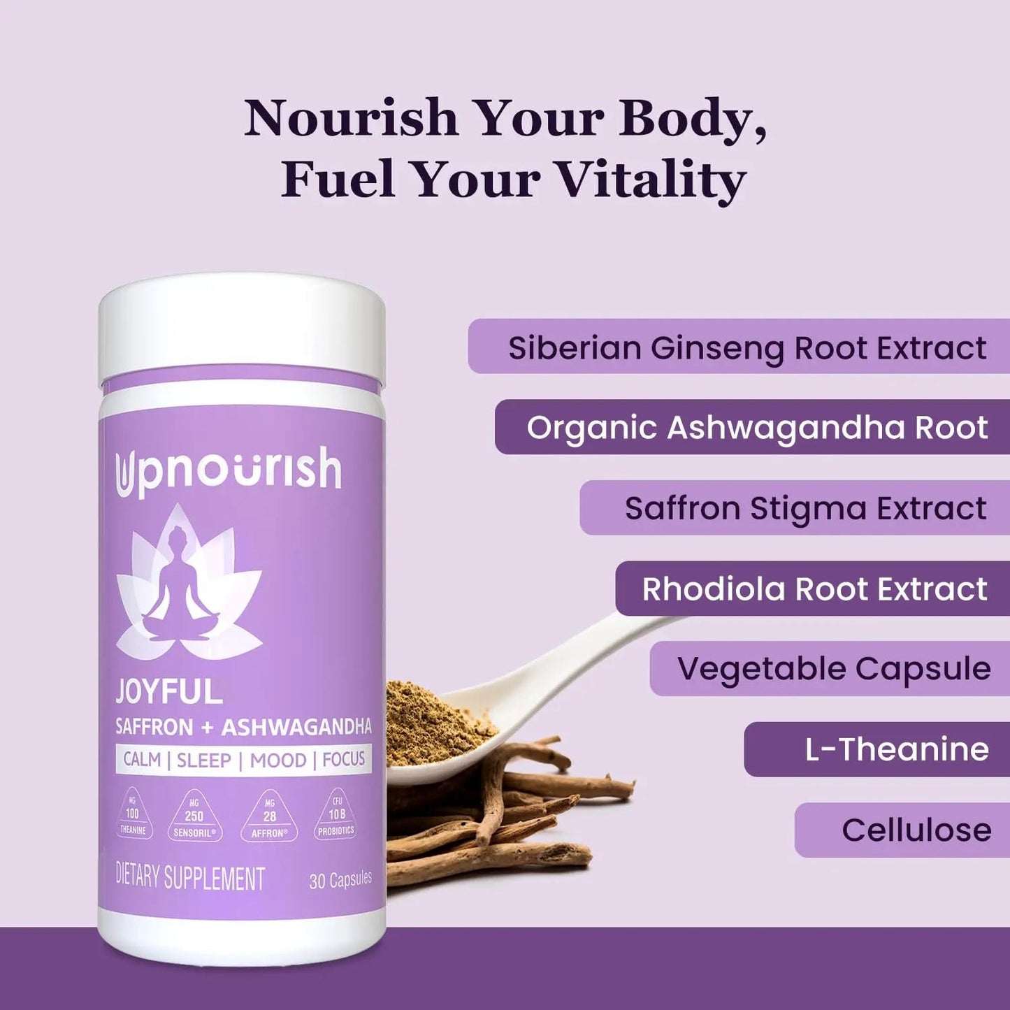 UpNourish Organic Ashwagandha Saffron Supplements with Probiotics - Stress Relief, Mood Enhancer, Calm Happy Pills Support Fatigue Focus Clarity with L-Theanine, Rhodiola, 30 Vegan Capsules UpNourish buy supplements Au