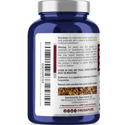 NusaPure White Willow Bark 20:1 Extract, 200 mg Equivalent to 4000mg, 200 Veggie Capsules, Max Strength, (Non-GMO, Vegan) NusaPureBuy Supplements Australia