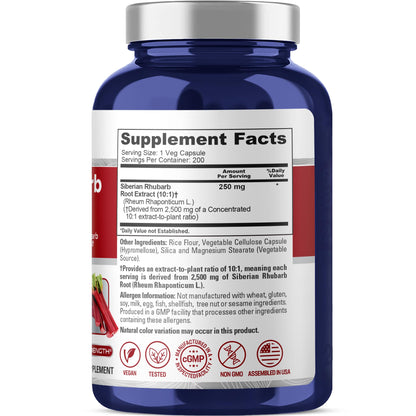 NusaPure Siberian Rhubarb 10:1 Extract, 250 mg Equivalent to 2,500mg - 200 Veggie Capsules (Vegetarian, Non-GMO, Vegan) NusaPureBuy Supplements Australia