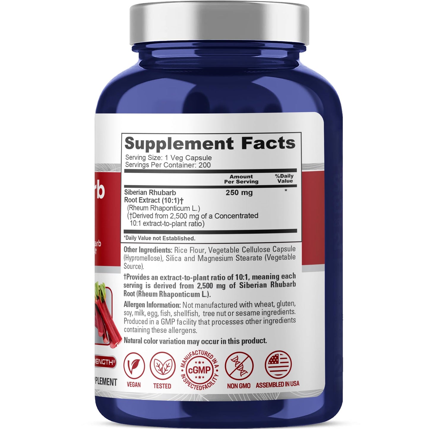 NusaPure Siberian Rhubarb 10:1 Extract, 250 mg Equivalent to 2,500mg - 200 Veggie Capsules (Vegetarian, Non-GMO, Vegan) NusaPureBuy Supplements Australia