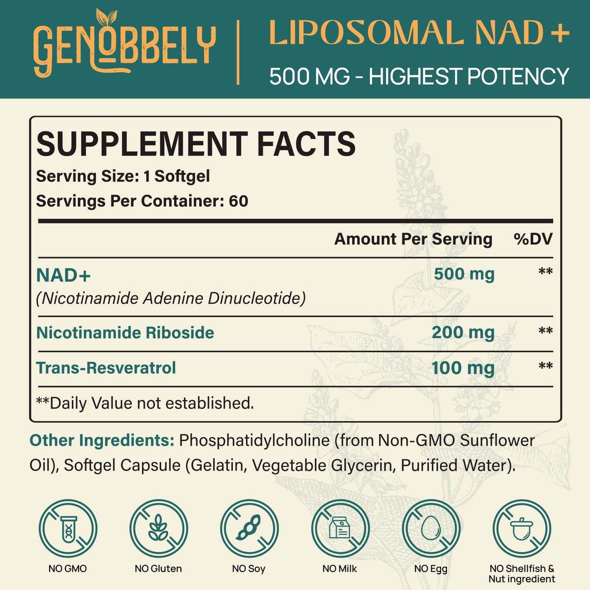GENOBBELY 800 mg Liposomal NAD+ Supplement with Nicotinamide Riboside 200 mg, Trans-Resveratrol 100 mg - True NAD Supplement for DNA Repair, Healthy Aging, Brain Function - 60-Day Supply GENOBBELYBuy Supplements Australia