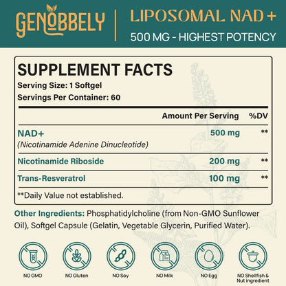 GENOBBELY 800 mg Liposomal NAD+ Supplement with Nicotinamide Riboside 200 mg, Trans-Resveratrol 100 mg - True NAD Supplement for DNA Repair, Healthy Aging, Brain Function - 60-Day Supply GENOBBELYBuy Supplements Australia