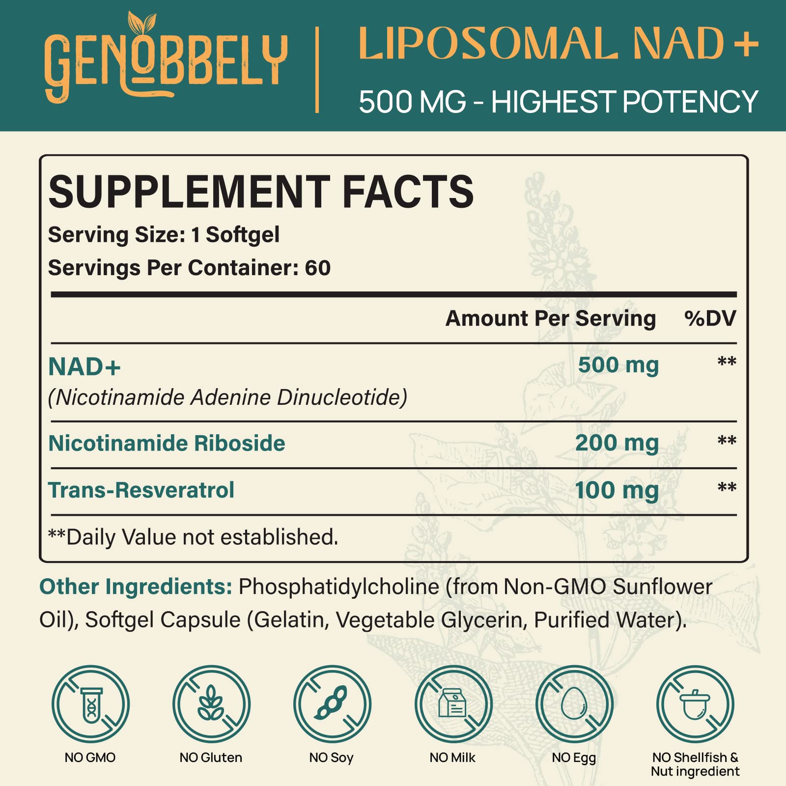 GENOBBELY 800 mg Liposomal NAD+ Supplement with Nicotinamide Riboside 200 mg, Trans-Resveratrol 100 mg - True NAD Supplement for DNA Repair, Healthy Aging, Brain Function - 60-Day Supply GENOBBELYBuy Supplements Australia