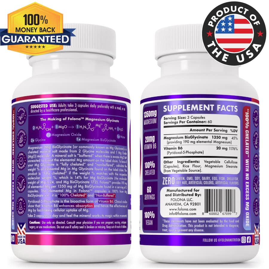 Folona Magnesium Glycinate with Vitamin B6 Research Proven to Enhance Absorption, 1350mg Fully Chelated - Supports Sleep, Stress Relief, Energy, Muscle Cramps - Gluten Free, NonGMO, 180 Vegan Capsules FOLONABuy Supplements Australia