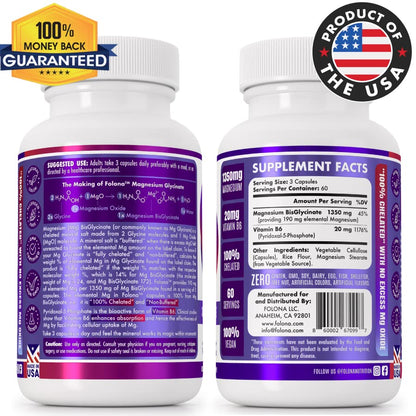 Folona Magnesium Glycinate with Vitamin B6 Research Proven to Enhance Absorption, 1350mg Fully Chelated - Supports Sleep, Stress Relief, Energy, Muscle Cramps - Gluten Free, NonGMO, 180 Vegan Capsules FOLONABuy Supplements Australia