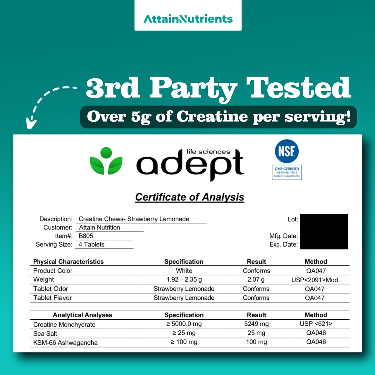 Creatine Chews - 5000mg Creatine Monohydrate Tablets for Men & Women with Ashwagandha KSM-66 - Low Sugar Muscle Support & Cognitive Boost - Gummy Alternative - 120 Count (Strawberry Lemonade) Attain NutrientsBuy Supplements Australia