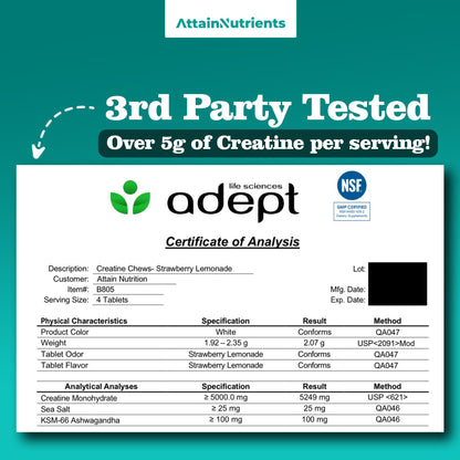 Creatine Chews - 5000mg Creatine Monohydrate Tablets for Men & Women with Ashwagandha KSM-66 - Low Sugar Muscle Support & Cognitive Boost - Gummy Alternative - 120 Count (Strawberry Lemonade) Attain NutrientsBuy Supplements Australia