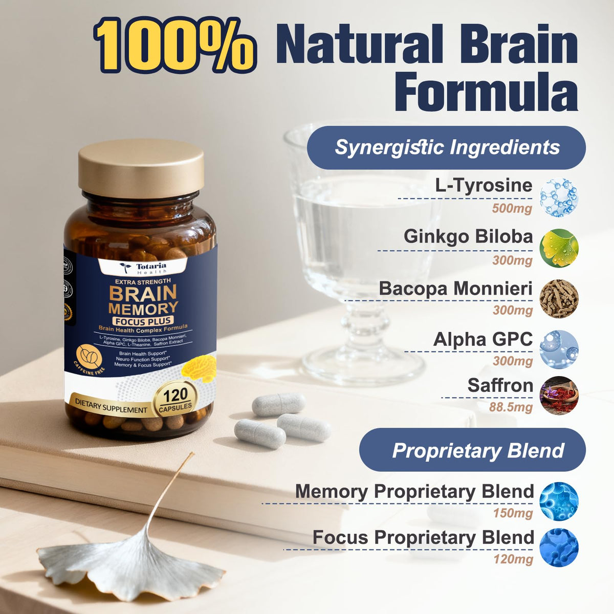 Totara Brain Supplements for Memory and Focus丨Non-Caffeinated Energy with L-Tyrosine, Alpha GPC, Ginkgo Biloba, Bacopa Monnieri, Saffron – Gluten Free, Non-GMO for Neuro & Brain Health (120 Counts) TotariaBuy Supplements Australia