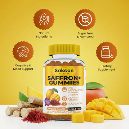 Saffron Gummies for Mood Boost & Stress Relief | Saffron Extract with 150mg Rhodiola Rosea & L-Theanine | Sugar Free Mango Flavor | Focus & Energy Supplement for Women & Men | 60 Count Sakoon nutrition buy supplements Au