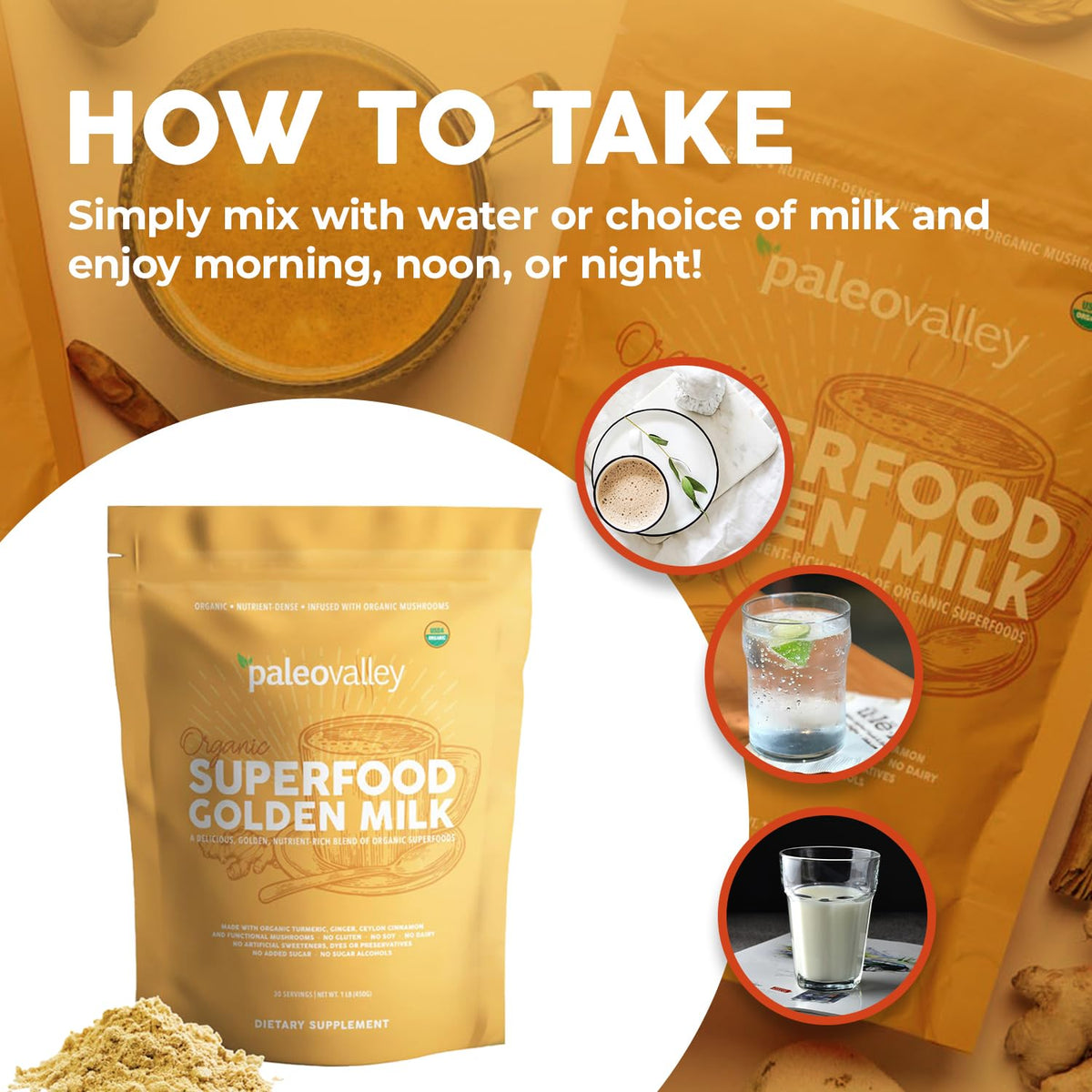 Paleovalley Organic Superfood Golden Milk - Immune, Focus, Cognitive, Longevity - Turmeric, MCT-Rich Coconut Milk, Functional Mushrooms, 30 Servings PaleovalleyBuy Supplements Australia
