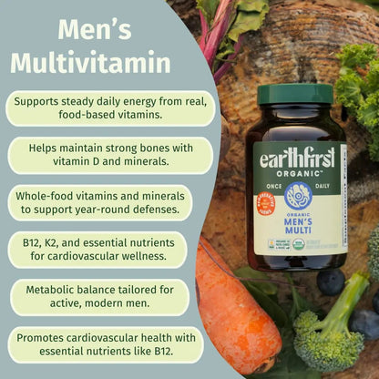 EarthFirst Organic Men’s Multi Once Daily, Whole-Food Multivitamin with 19 Vitamins & Minerals for Energy, Heart, Bone Strength EarthFirst Organic