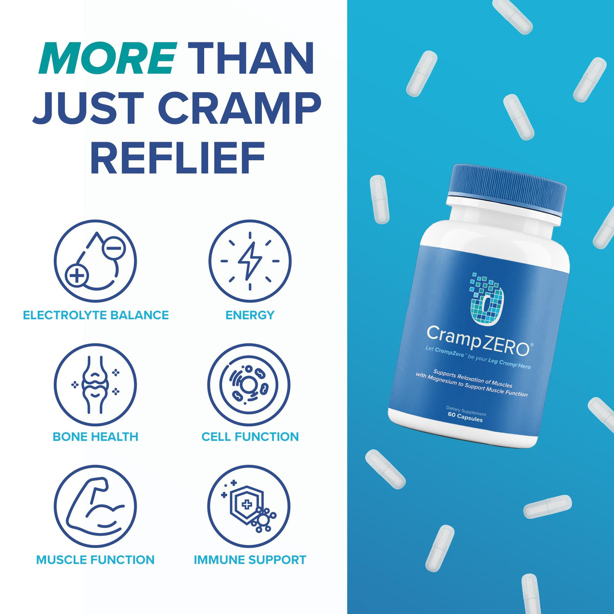 CrampZero Magnesium for Leg Cramps at Night – Potassium Magnesium Supplement with Calcium and Vitamin D3, Supports Muscle Relaxation and Function, Night Leg Cramps Relief, 60 Capsules CrampZeroBuy Supplements Australia