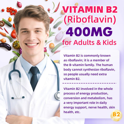 VCCHUYH Vitamin B2 Gummies for Kids & Adults, VIT B2 Riboflavin 400mg Supplement with Magnesium for Migraine Relief & Nervous System Support, Non-GMO