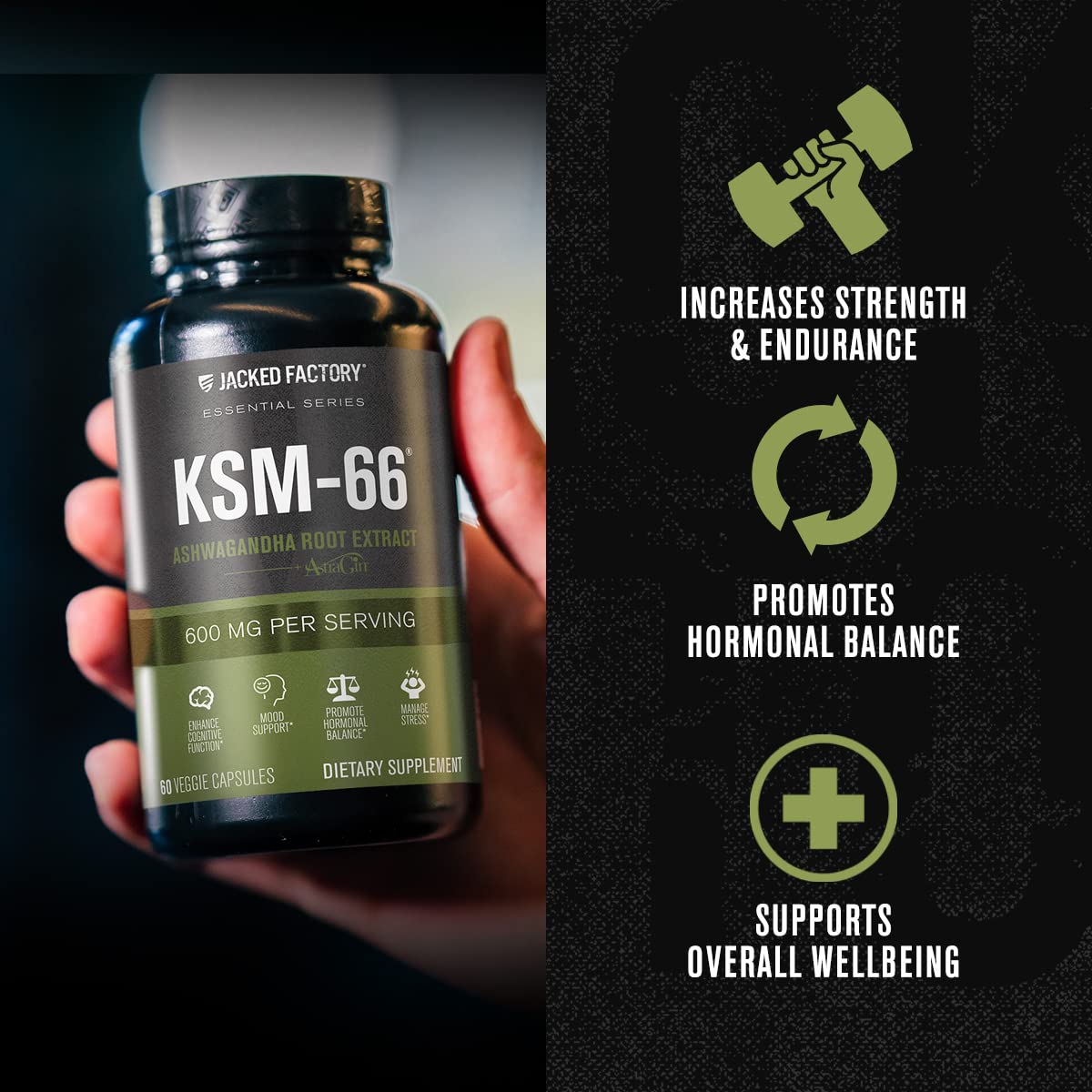 Jacked Factory Ashwagandha Root Extract (KSM-66 Ashwagandha) w/ 5% Withanolides - Supplement for Natural Stress Relief, Cognitive Function, Vitality, and Mood Support - 60 Veggie Capsules Jacked FactoryBuy Supplements Australia