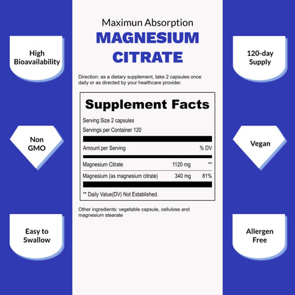 UpNourish Pure Magnesium Citrate (Citrato de Magnesio) 1120mg, 240 Capsules - High Absorption Magnesium Supplement for Women & Men - Natural Calm Magnesium for Constipation, Relax, Cramp Defense UpNourishBuy Supplements Australia