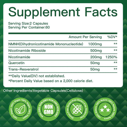 NMNH(Dihydronicotinamide Mononucleotide),NMNH Supplement 1000mg Pure Nicotinamide Mononucleotide,NAD High Purity Supplement Alternative,for Energy,Focus,Non-GMO, Gluten Free,120 Capsules VPKINBuy Supplements Australia