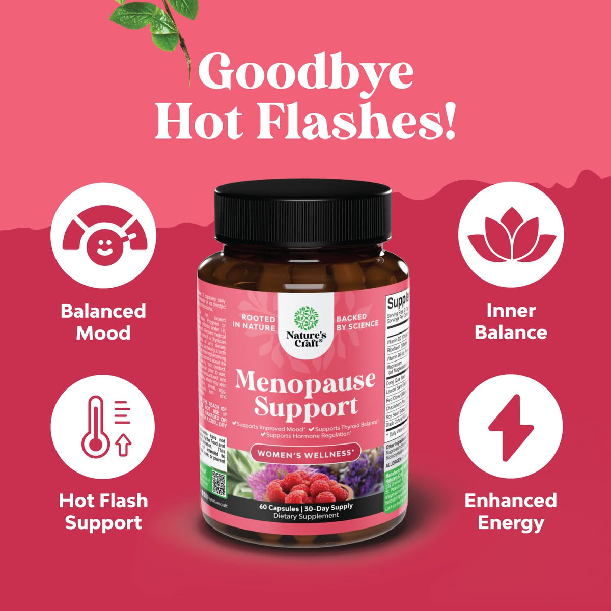 Natures Craft Complete Herbal Menopause Supplement for Women - Female Hormone Balance Capsules for Night Sweats Hot Flashes & Mood Swings with Dong Quai