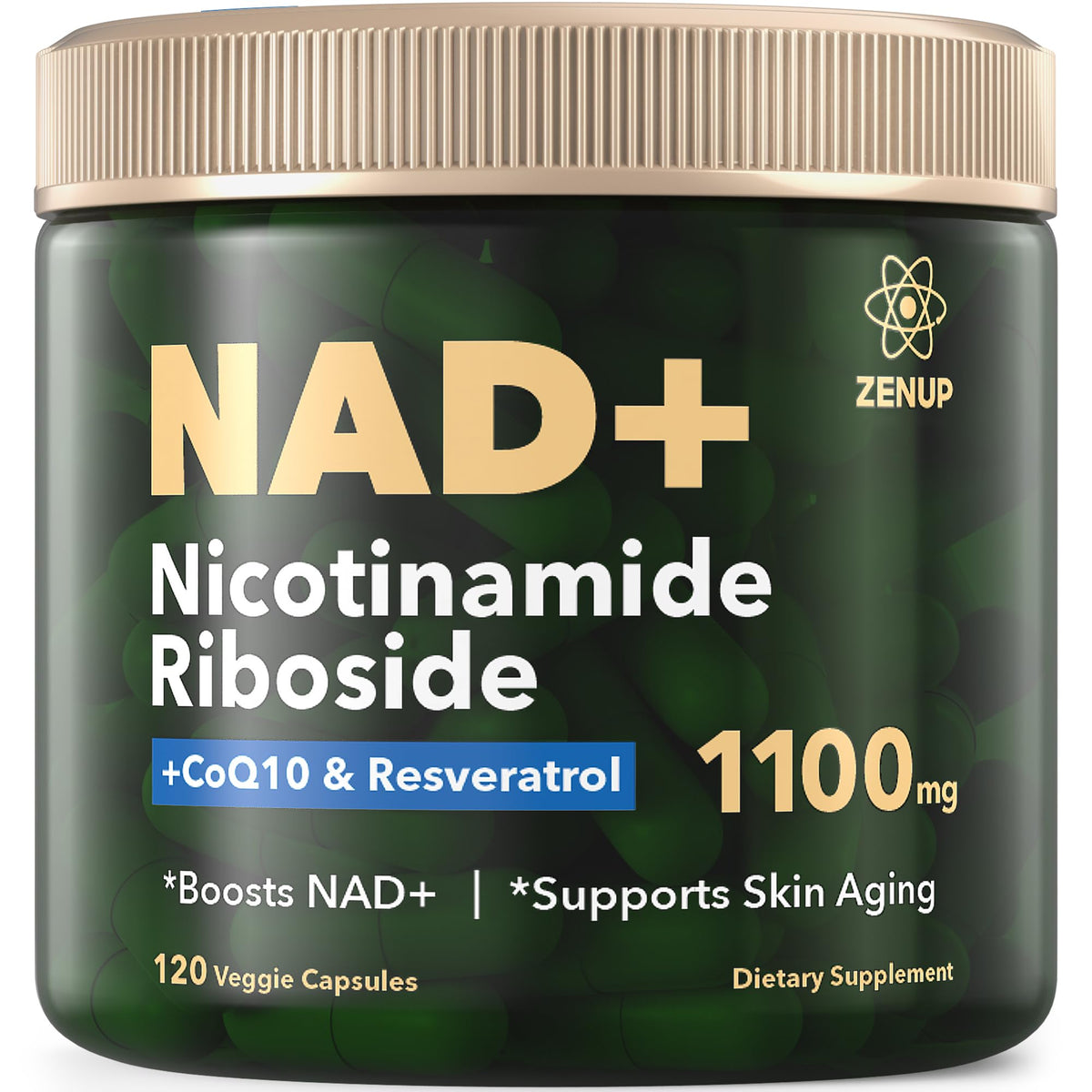 Supplement container labeled NAD+ Nicotinamide Riboside with ZENUP branding on a dark green background.