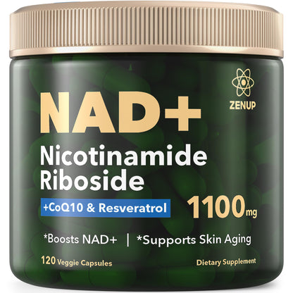 Supplement container labeled NAD+ Nicotinamide Riboside with ZENUP branding on a dark green background.