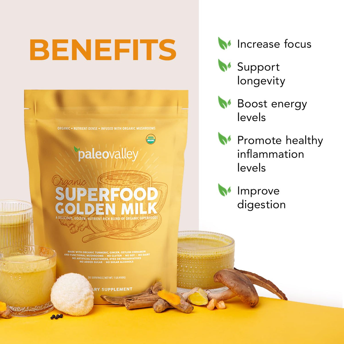 Paleovalley Organic Superfood Golden Milk - Immune, Focus, Cognitive, Longevity - Turmeric, MCT-Rich Coconut Milk, Functional Mushrooms, 30 Servings PaleovalleyBuy Supplements Australia