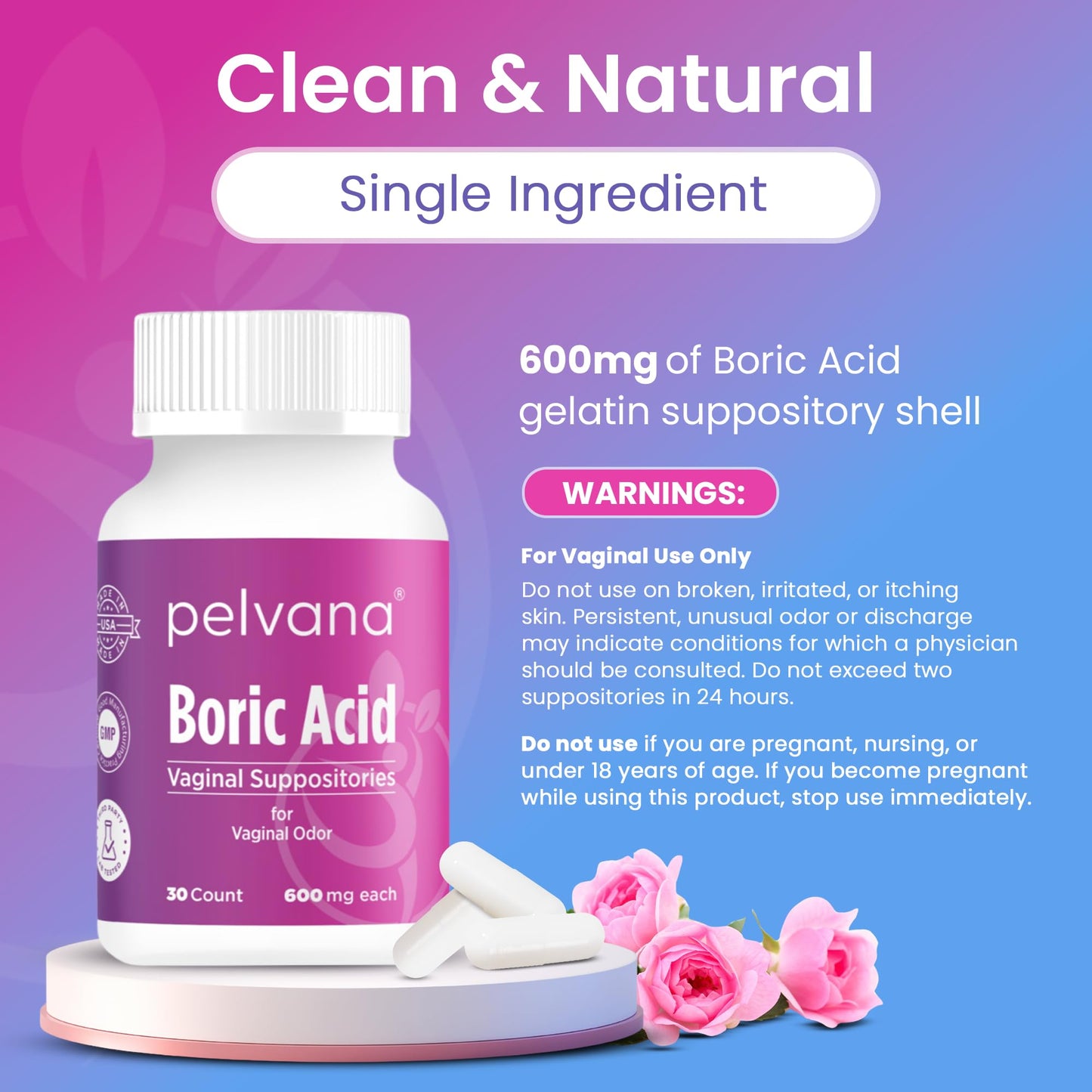 Pelvana Boric Acid Suppositories for Women - 30 Count - 600mg Boric Acid Capsules for Vaginal Odor Use PelvanaBuy Supplements Australia