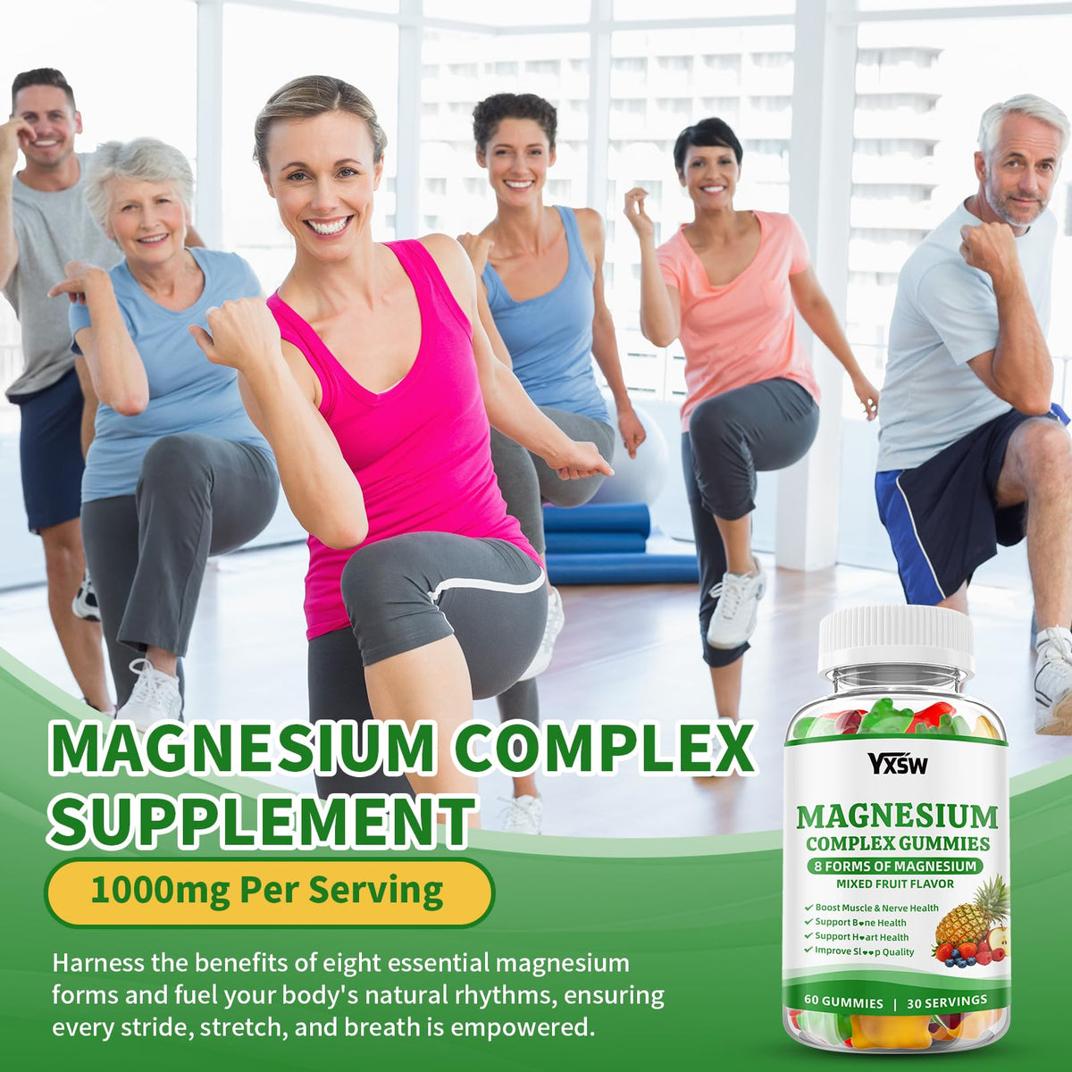 Magnesium Complex Gummies 8 Elemental 1000mg - Magnesium Glycinate, Citrate, Malate, Taurate, Supports Bones, Muscle, Nerve Health, for Women & Men, Vegan Non-GMO, Mixed Flavors, 60 Count YXSW buy supplements Au