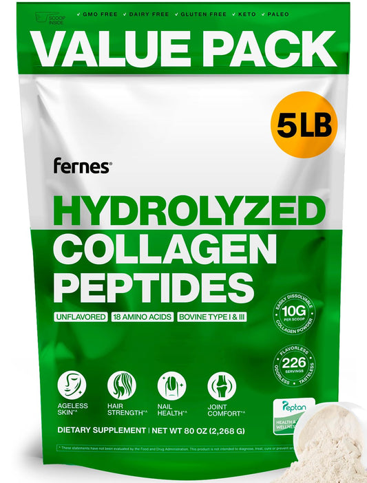 Fernes Collagen Powder for Women Men (5LB) Type I & III Flavorless & Odorless Easy-Mix Hydrolyzed Peptan Protein Peptides Joint Hair Skin & Nail Support Gluten-Free Non-GMO Keto Paleo Grass-Fed Kosher Fernes buy supplements Au
