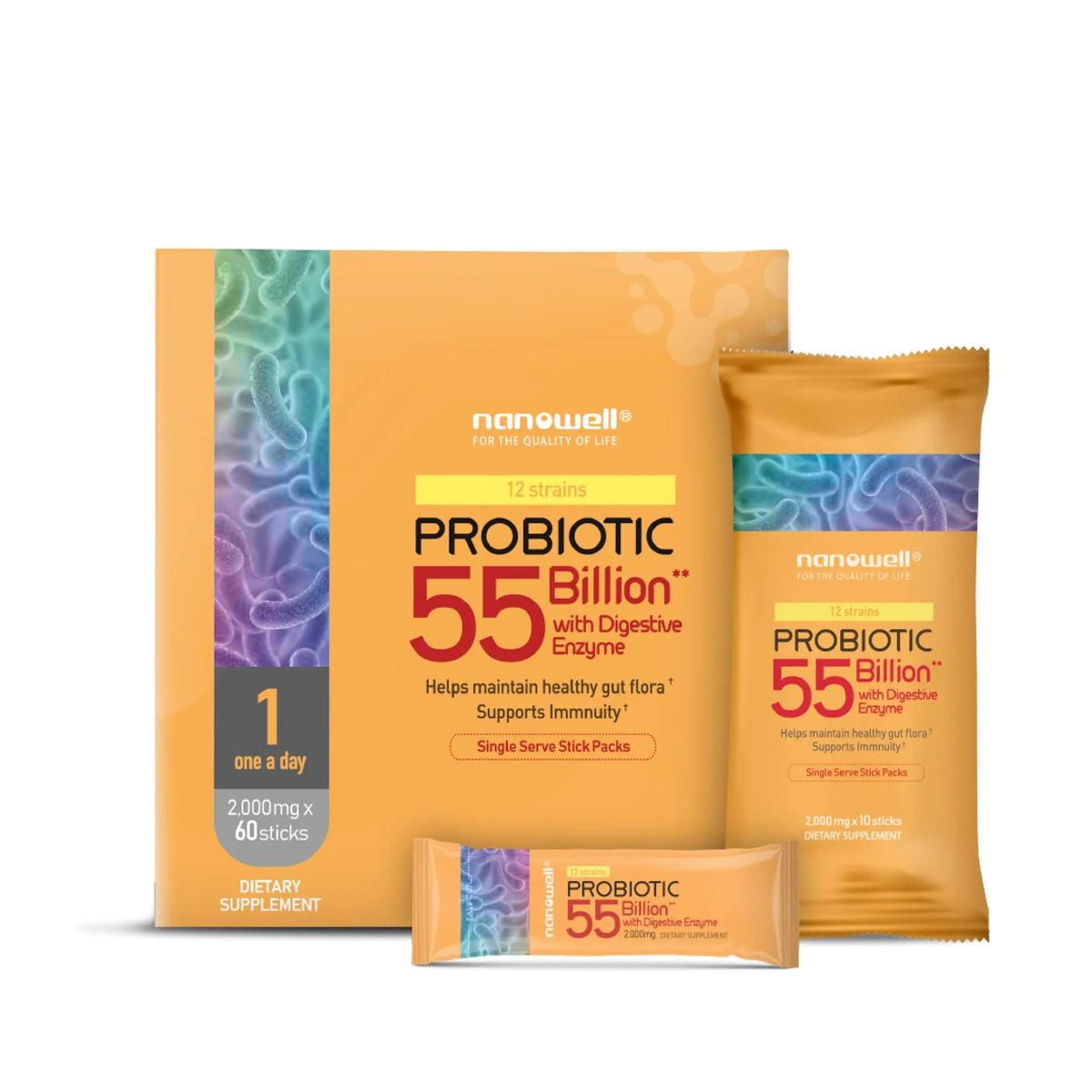 NANOWELL 12 Strains Probiotic 55 Billion CFU with Digestive Enzymes Powder - Immune Support, Gut Health, Probiotics, Prebiotics & Postbiotics - 60 Sticks, 60 Day Supply NANOWELLBuy Supplements Australia