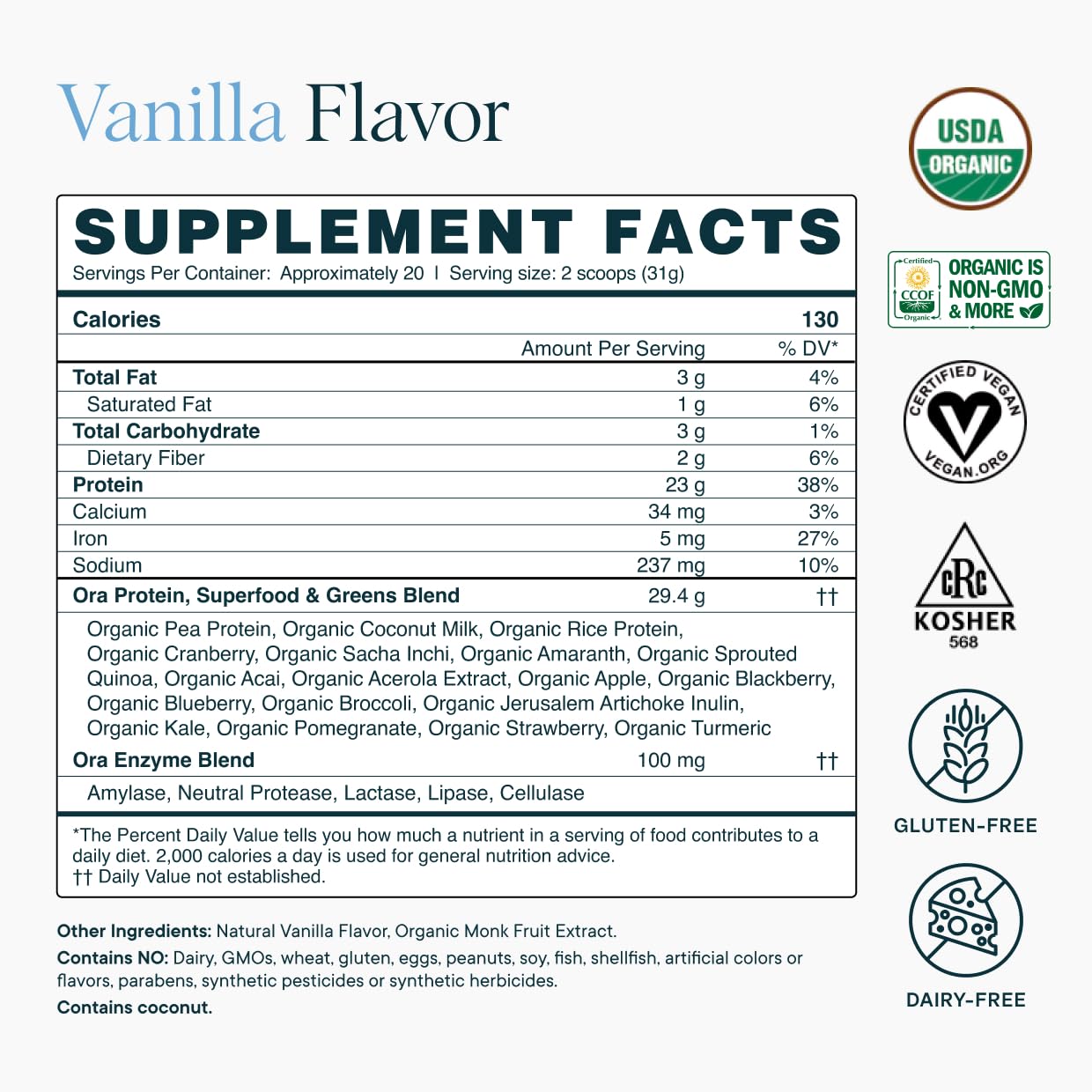 Ora Organic Plant-Based Protein Powder - 23g Protein for Women and Men - Vanilla Flavor 20 Servings, Vegan, Clean Protein