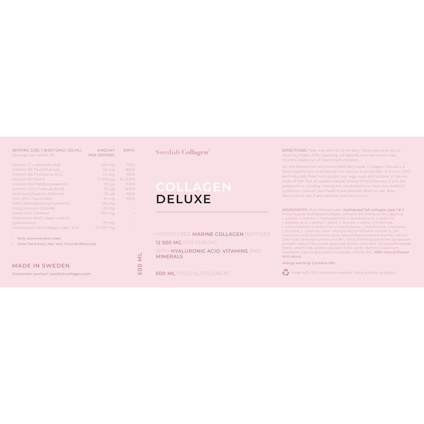 Swedish Collagen - 12500mg Collagen Deluxe 500ml I Hydrolyzed Marine Collagen Peptides (Type I & III) Swedish CollagenBuy Supplements Australia