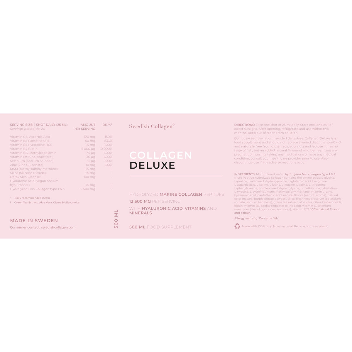 Swedish Collagen - 12500mg Collagen Deluxe 500ml I Hydrolyzed Marine Collagen Peptides (Type I & III) Swedish CollagenBuy Supplements Australia