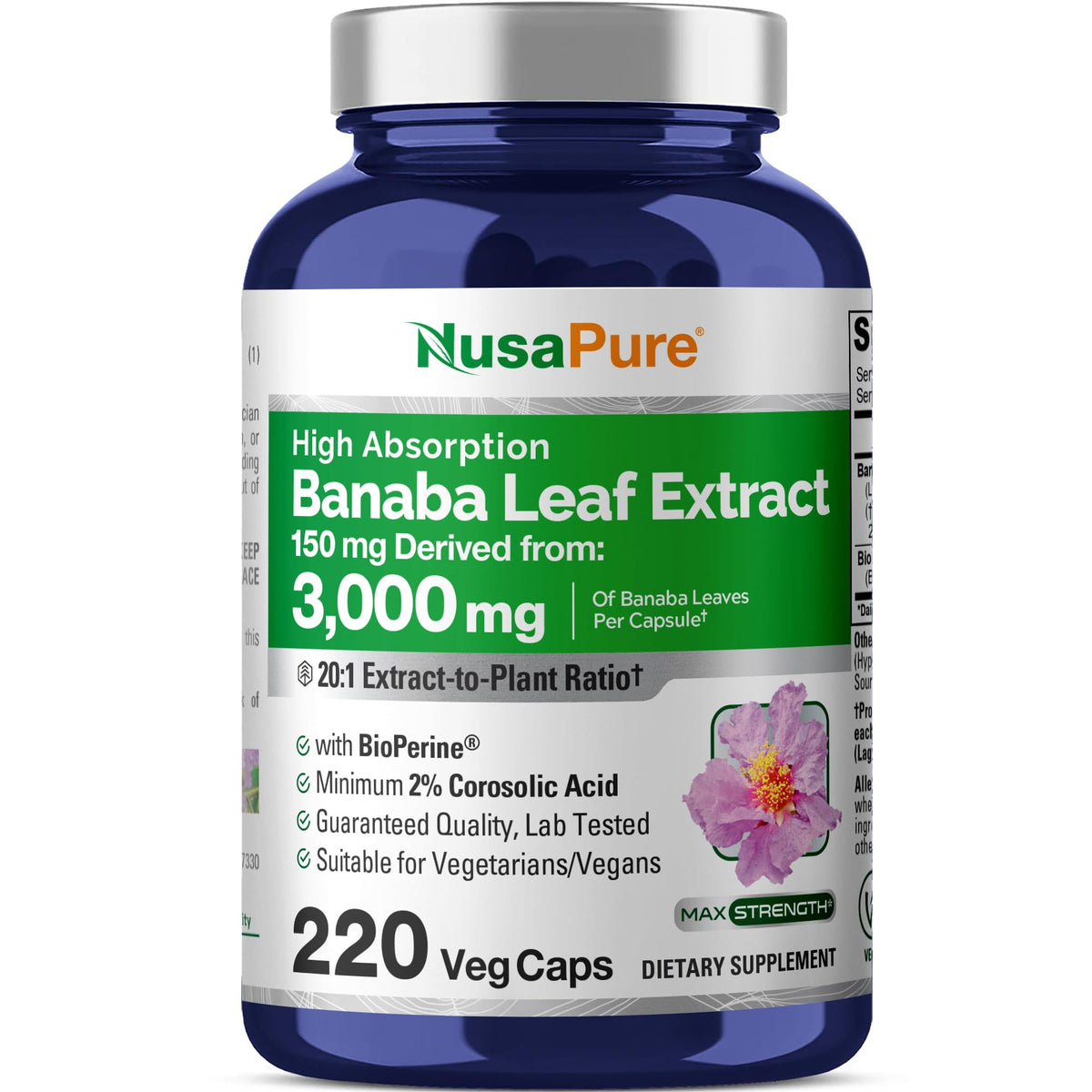 NusaPure Banaba Leaf 20:1 Extract, 150 mg Equivalent to 3,000mg Veg Caps, 220 Days Supply (Non-GMO & Vegan) 2% Corosolic Acid NusaPureBuy Supplements Australia