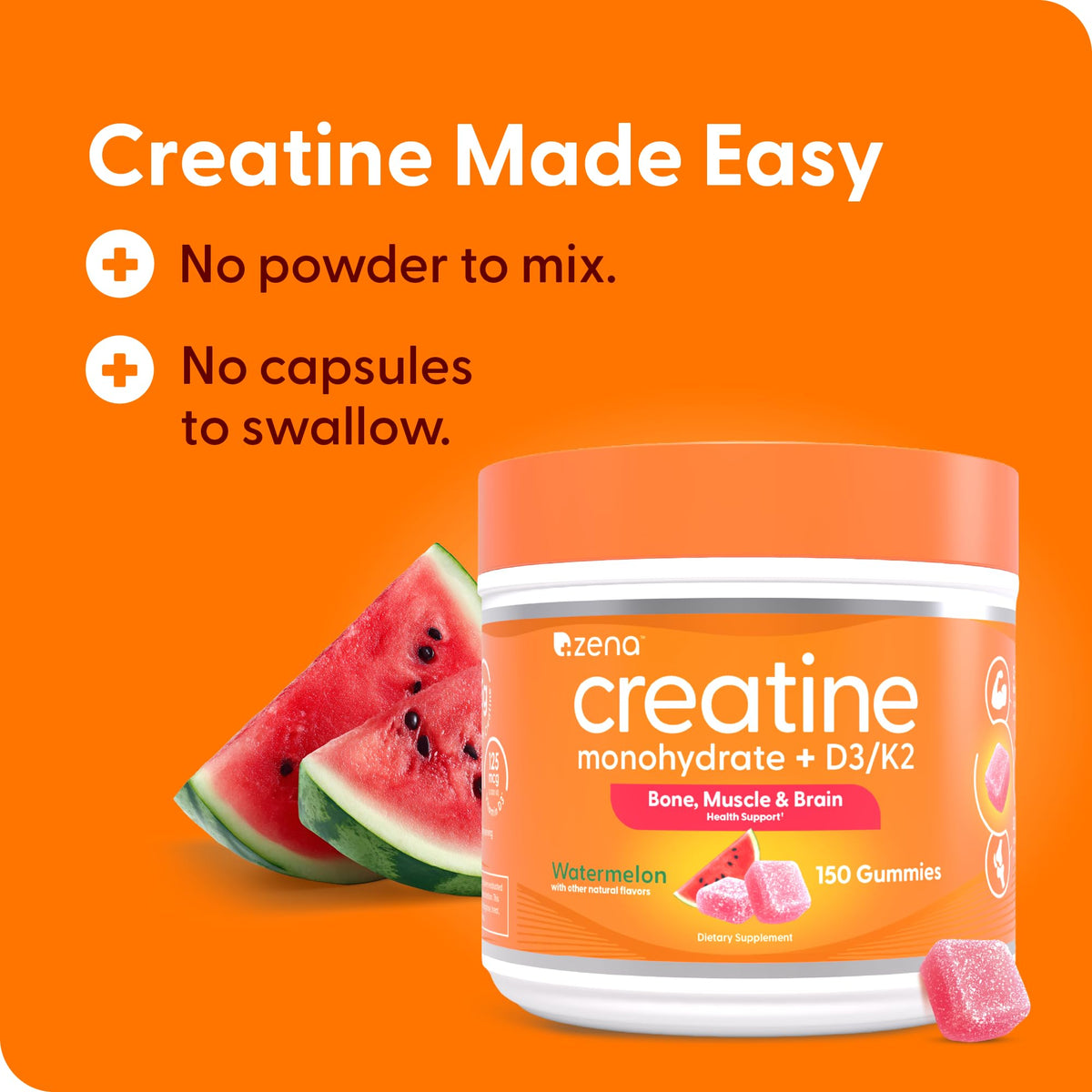 Zena Nutrition Creatine Gummies with D3 & K2, Creatine Monohydrate for Men and Women, Supports Bone, Muscle, & Cognitive Health, Gummy Workout Supplement, Watermelon Flavor, 150ct, 30 Daily Servings Zena NutritionBuy Supplements Australia