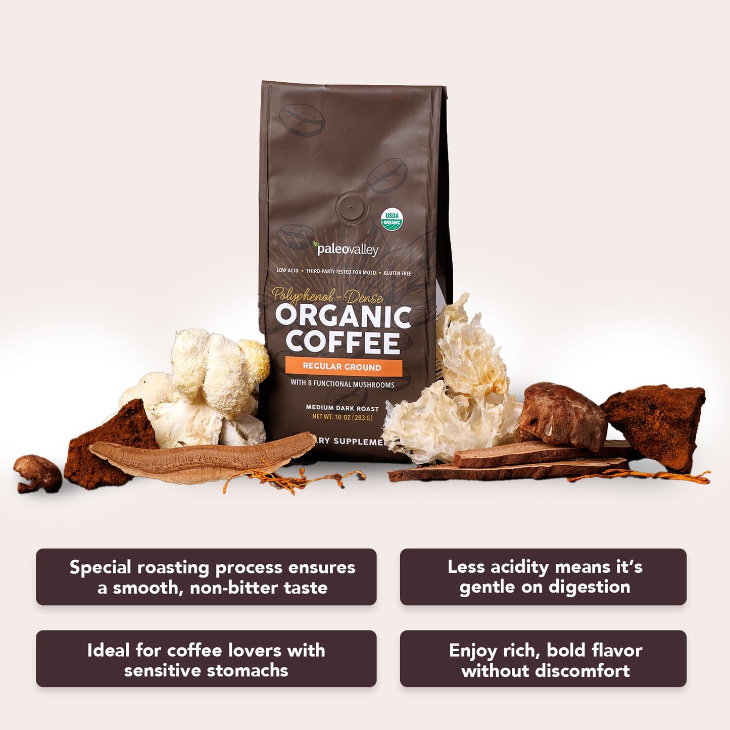 Paleovalley Organic Ground Coffee, 10oz - Regular, Low Acid, Single-Origin, Polyphenol-Rich, Infused with Mushrooms PaleovalleyBuy Supplements Australia